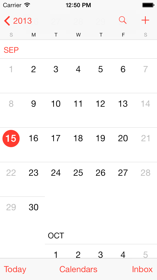 The Month view in iOS 7's Calendar app