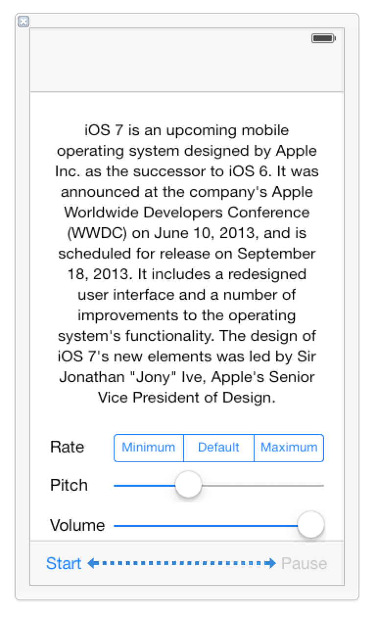 Our Text to Speech view with controls for Rate, Pitch, Volume, Start, and Pause